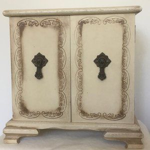 1970's Vintage Jewelry Box Armoire/Music Box, Distressed/Antiqued Wood finish